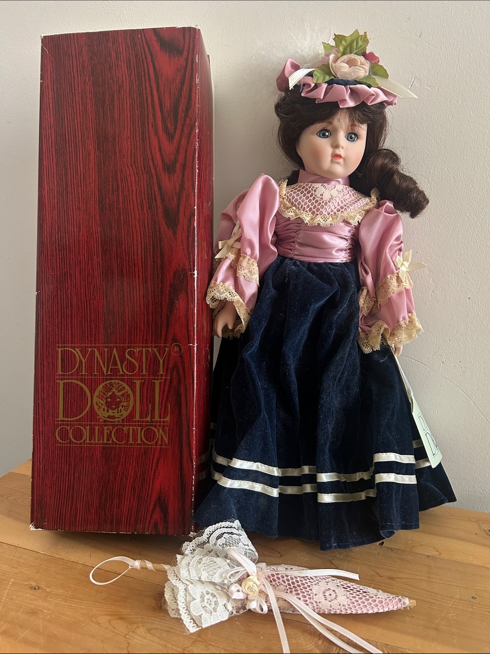 Dynasty Doll Collection, JENNIFER Porcelain Doll in Pink & Navy Dress with Box